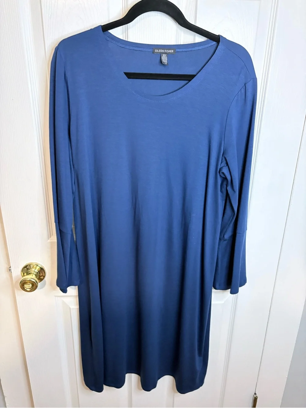 Eileen Fisher Blue Lyocell Jersey Swing Dress Bell Sleeve Dress Large - Picture 2 of 8
